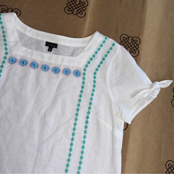 TALBOTS Linen Blend Embroidered Square Neck Top In White/Blue - Picture 7 of 16